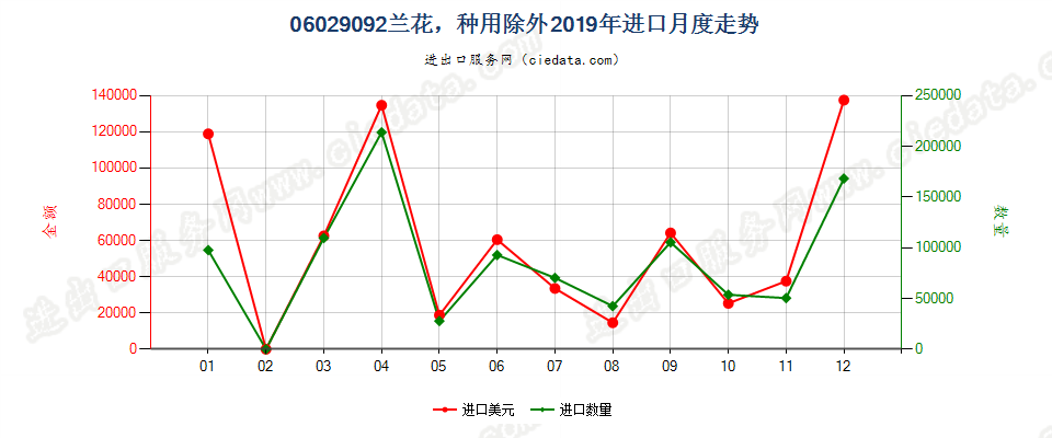 06029092兰花，种用除外进口2019年月度走势图